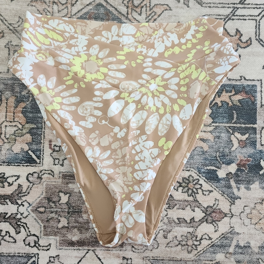 NWOT Aerie Tan, Lime & White High Waisted Cheeky Bikini Bottoms Sz L